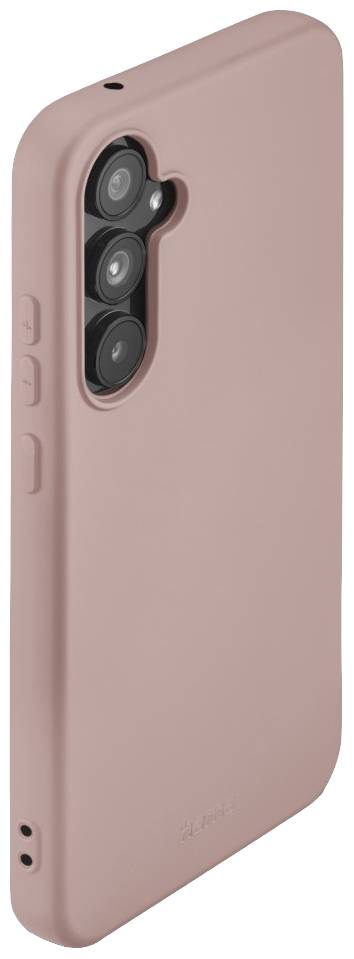 Étui de téléphone rose avec des ouvertures pour trois objectifs de caméra, vue de côté.