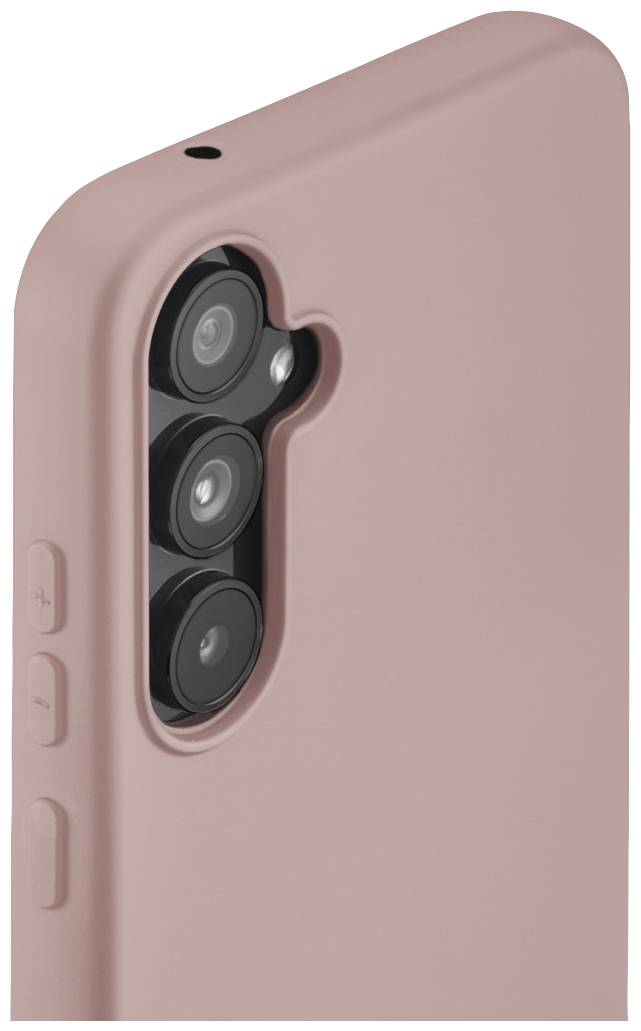 Étui rose pour téléphone avec découpes pour trois objectifs de caméra.