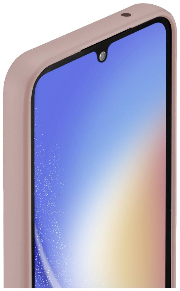 Un smartphone avec une coque rose, photographié légèrement de côté. L'écran affiche un dégradé bleu et orange.
