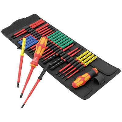 Un ensemble de tournevis isolés de différentes couleurs et tailles, disposés sur un étui noir.