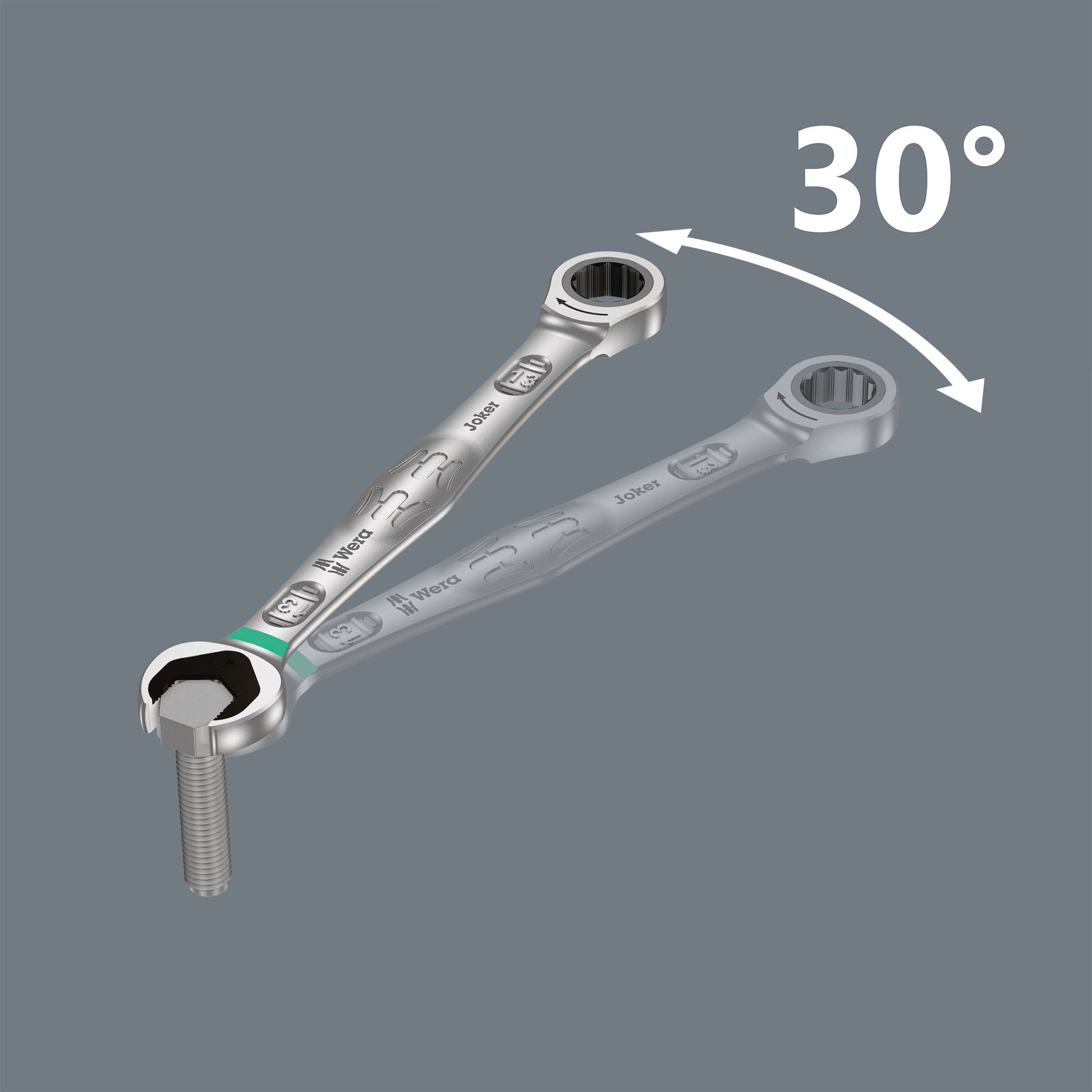 Une clé à anneau, montrant une rotation de 30 degrés. Deux positions de la clé illustrent comment un léger angle facilite les mouvements.