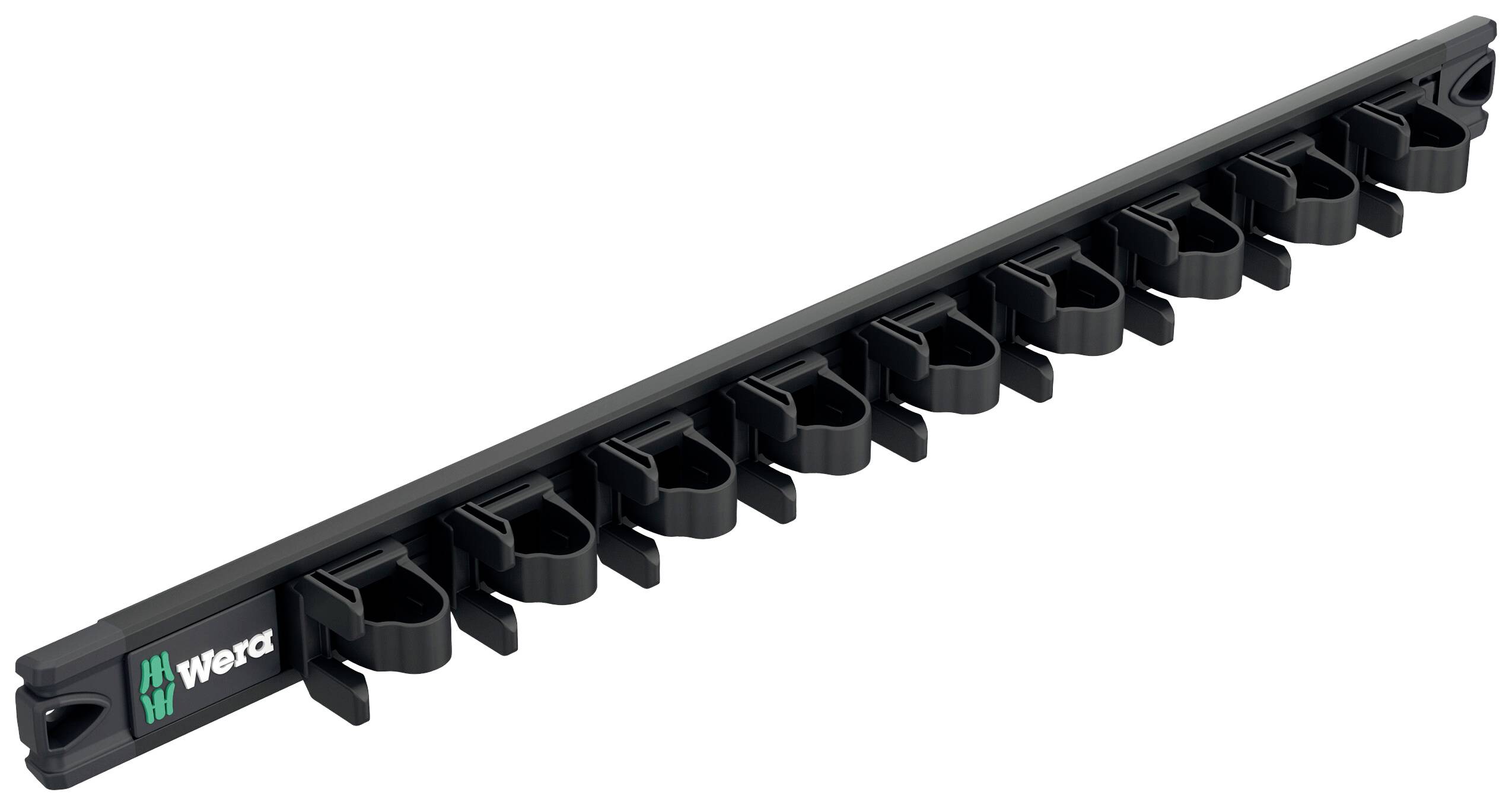 Un support à outils noir de Wera avec plusieurs emplacements pour ranger des outils.