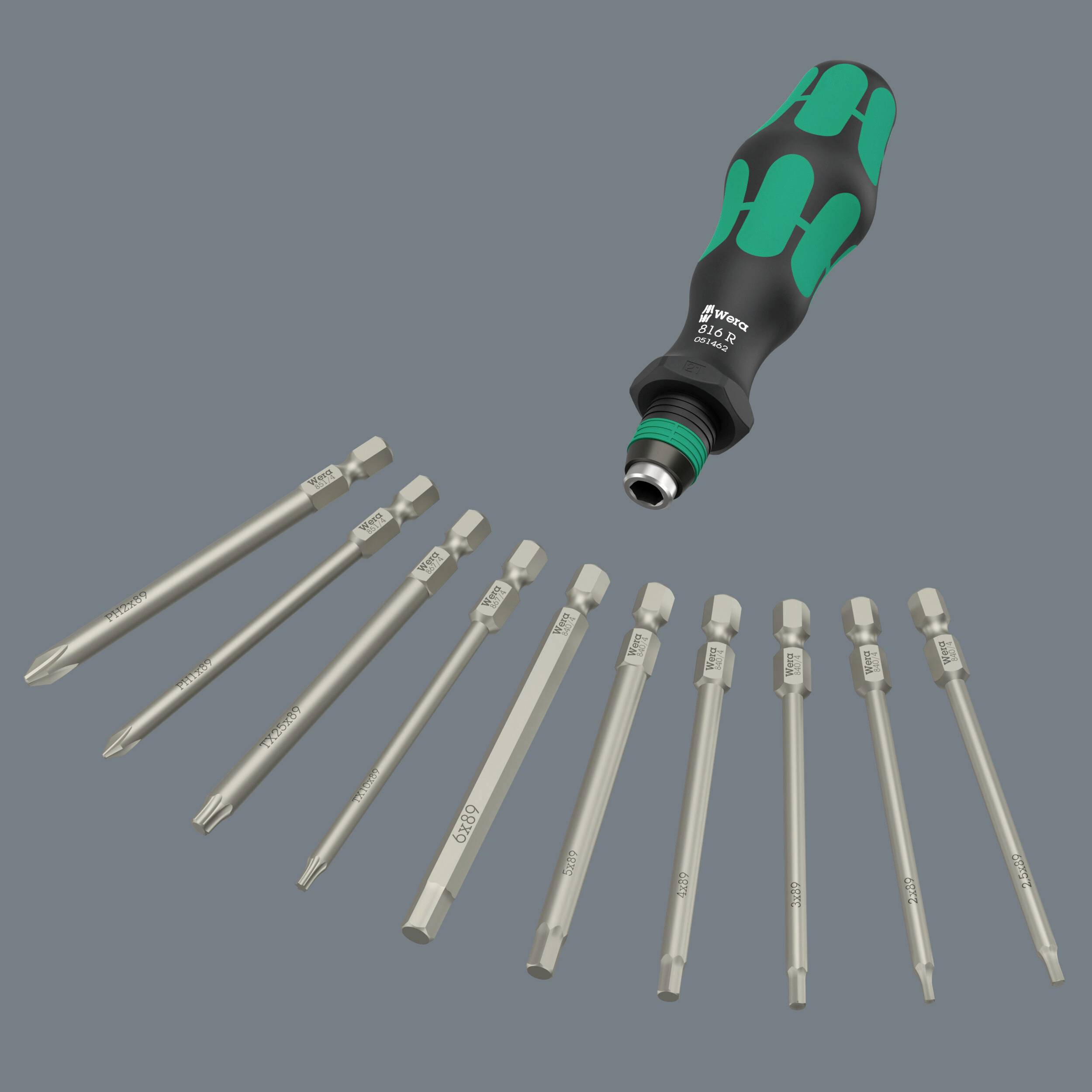 Tournevis avec onze embouts interchangeables de différentes tailles et formes, incluant des embouts cruciformes et des embouts à fente.
