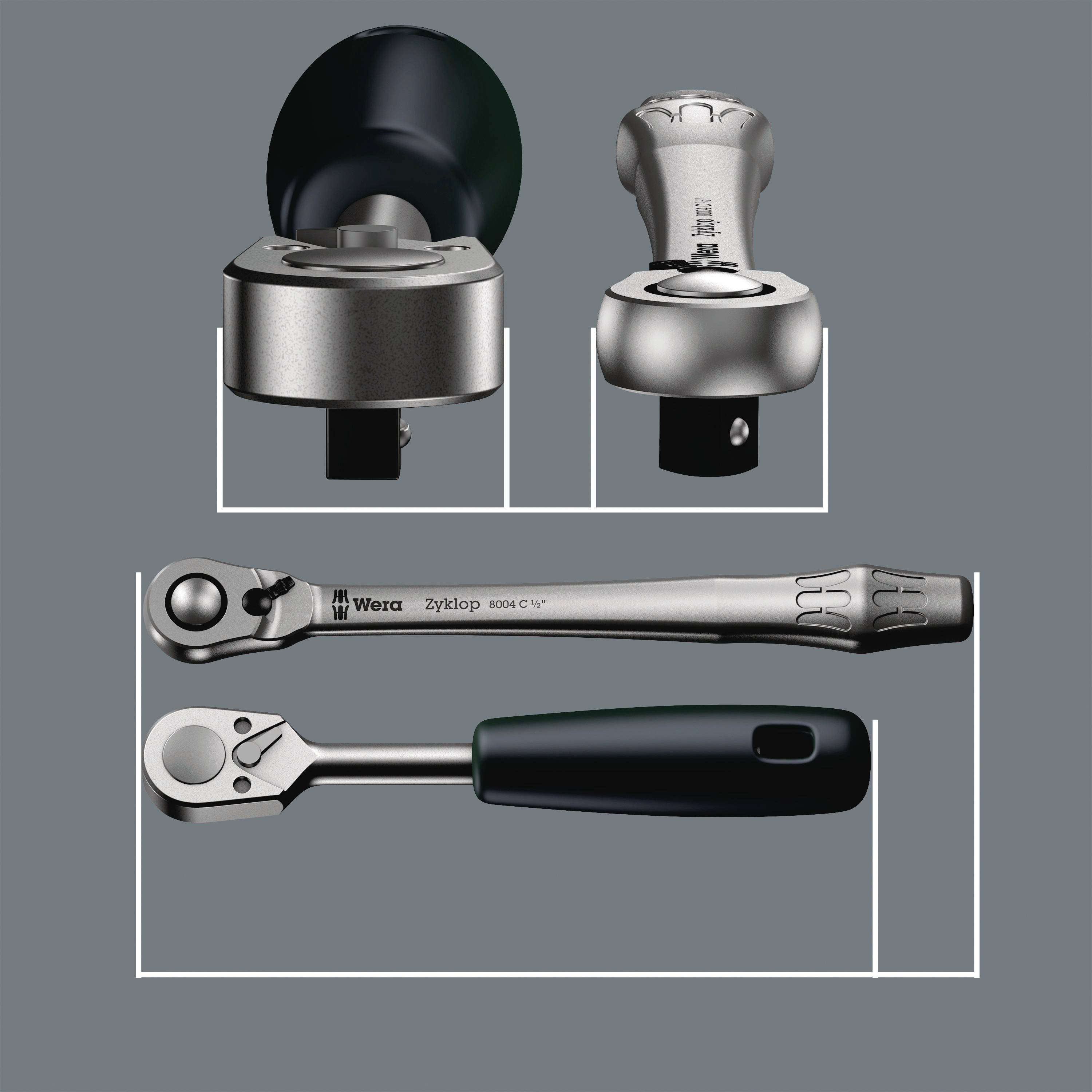 Ensemble de clés à cliquet Wera Zyklop 8004 C avec différentes têtes et poignées, idéal pour des applications de vissage polyvalentes.