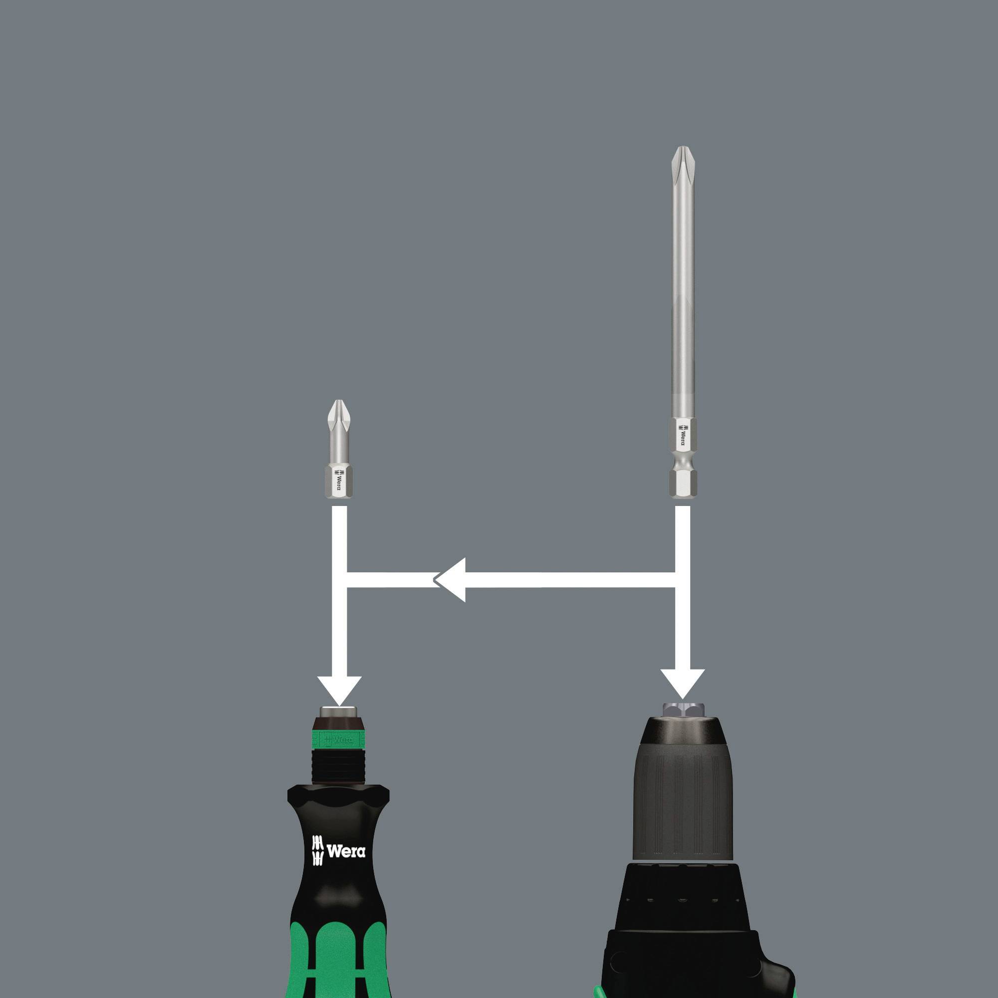 Tournevis Wera avec embouts interchangeables. Deux embouts sont représentés à différents angles, l'un en position horizontale et l'autre en position verticale.