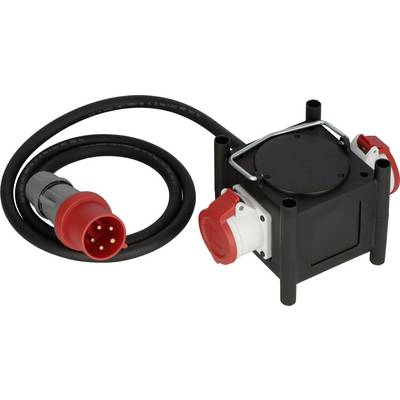 Appareil électrique noir portable avec une prise industrielle rouge et un câble attaché sur un fond blanc, montré à côté d'une boîte de prise compacte noire avec des couvercles rouges.