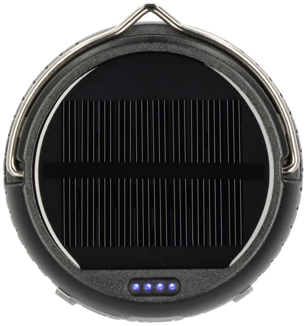 Un chargeur solaire portable au design rond, avec un panneau solaire au centre et quatre voyants LED bleus en bas.