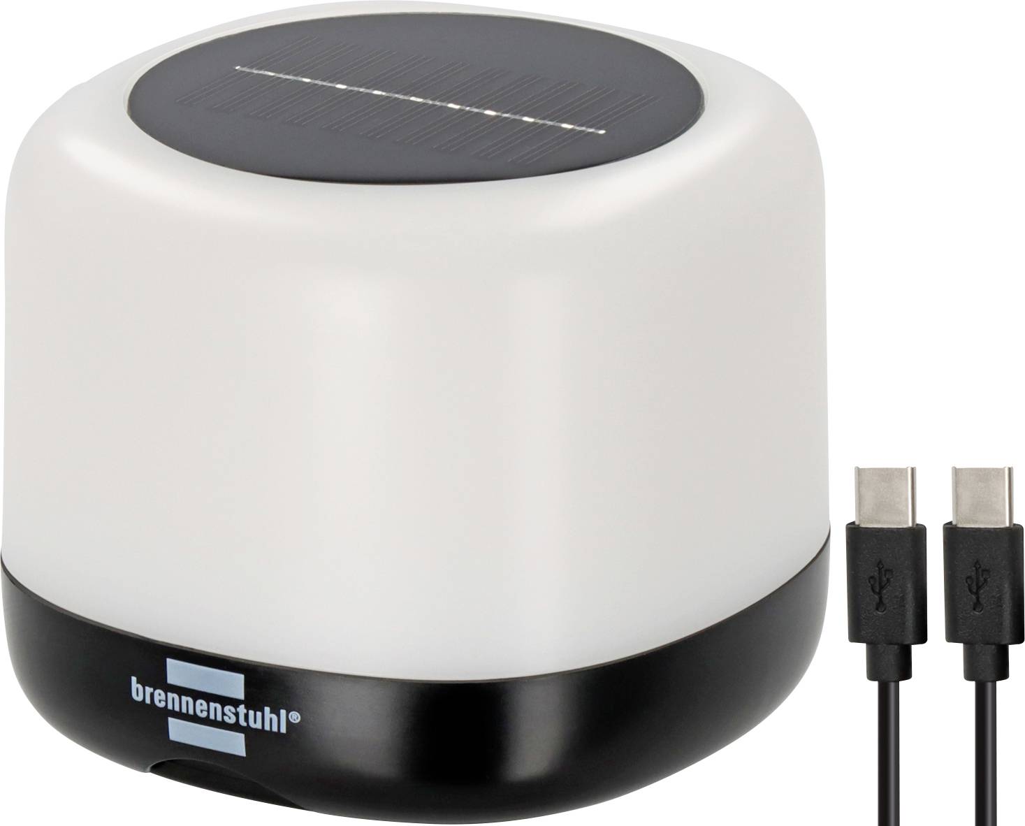 Une lampe ronde blanche avec un socle noir et des cellules solaires sur le dessus. Un câble USB est posé à côté.