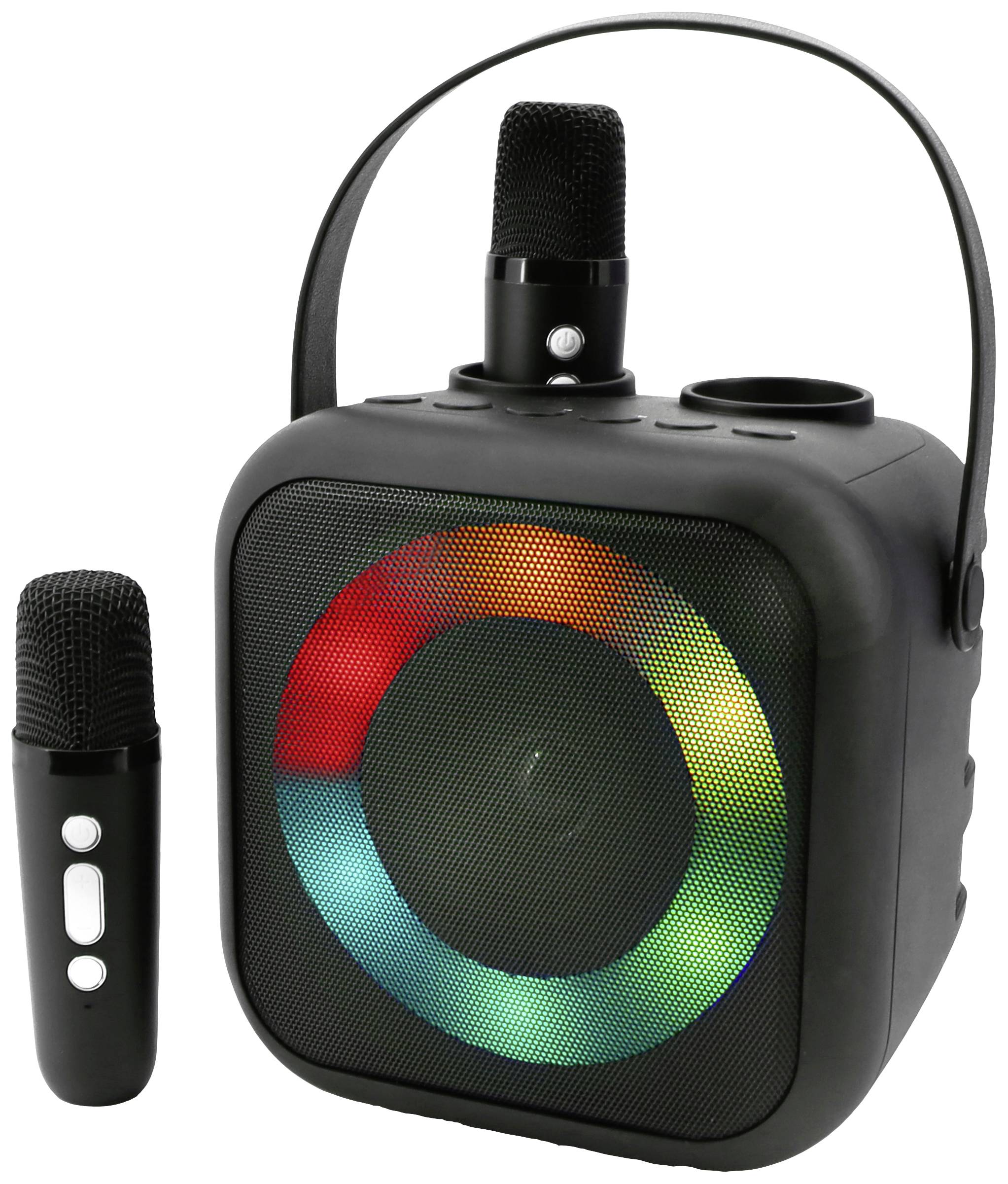 Haut-parleur noir avec anneau lumineux LED et deux microphones noirs, idéal pour les fêtes ou le karaoké.
