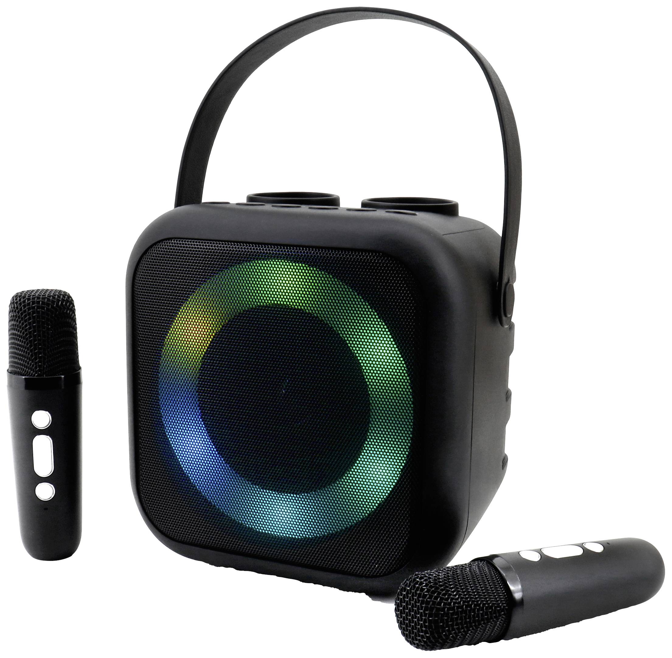 Système audio portable avec effets lumineux, incluant deux microphones. Idéal pour les fêtes et le karaoké.