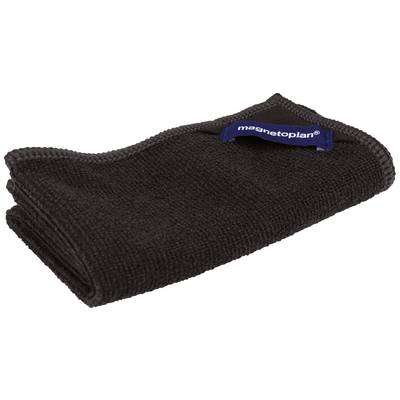 Un chiffon en microfibre noir plié, avec une étiquette bleue portant l'inscription 'magnetoplan'.