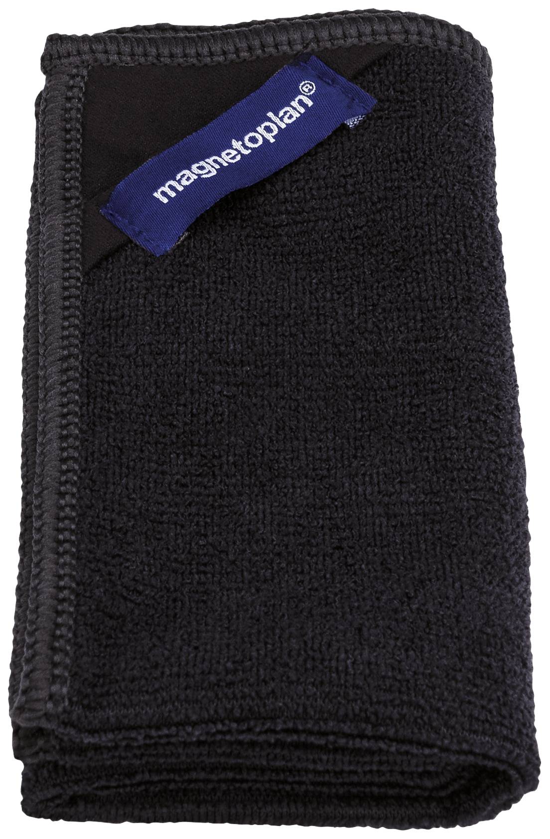 Tissu noir plié avec écusson de la marque 'magnetoplan' dans un coin.