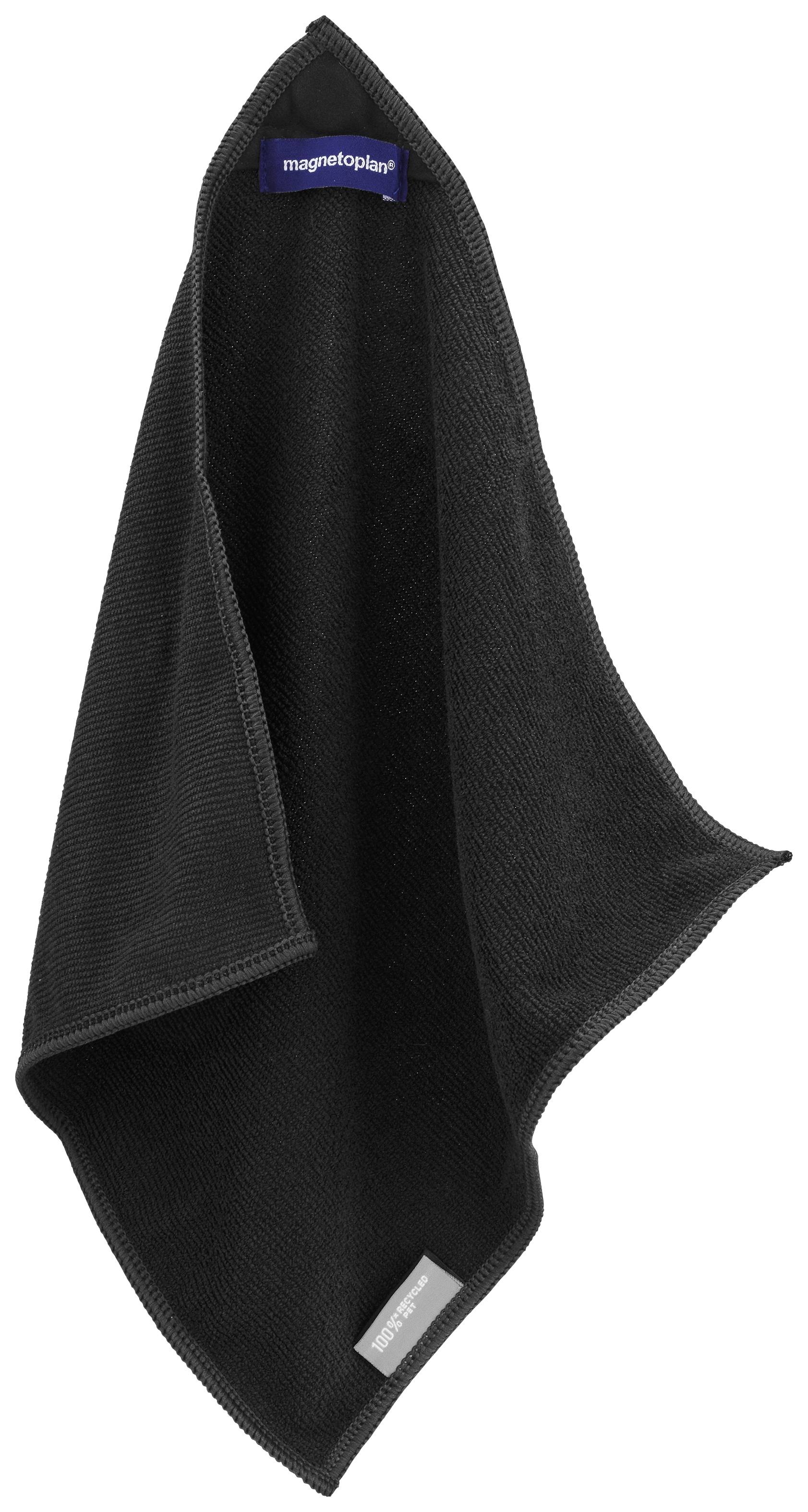 Un chiffon noir avec une petite étiquette portant l'inscription 'magnetoplan' dans un coin. Le chiffon semble adapté pour le nettoyage.