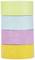 Cinq rouleaux de washi tape colorés empilés : jaune, rose, bleu, vert et orange.
