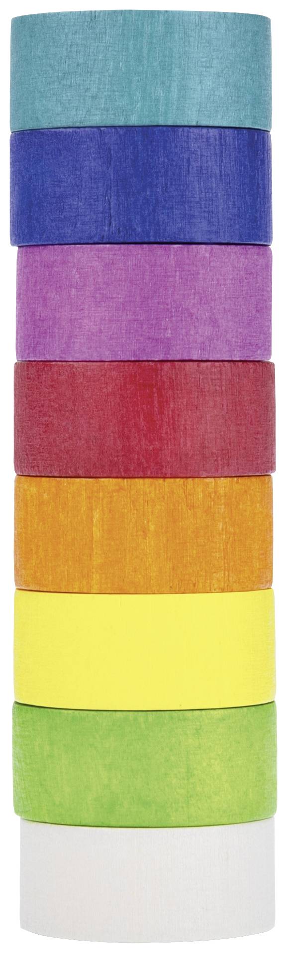Huit rouleaux de ruban adhésif colorés, de haut en bas : turquoise, bleu, violet, rouge, orange, jaune, vert, blanc. Ils sont empilés.