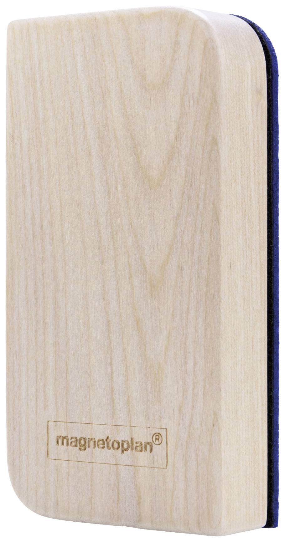 Effaceur de tableau en bois avec des bords arrondis et le logo 'magnetoplan' sur la face inférieure.