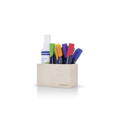Boîte en bois contenant cinq marqueurs de tableau à différentes couleurs et un effaceur pour tableau blanc. Parfaite pour organiser le matériel de bureau.