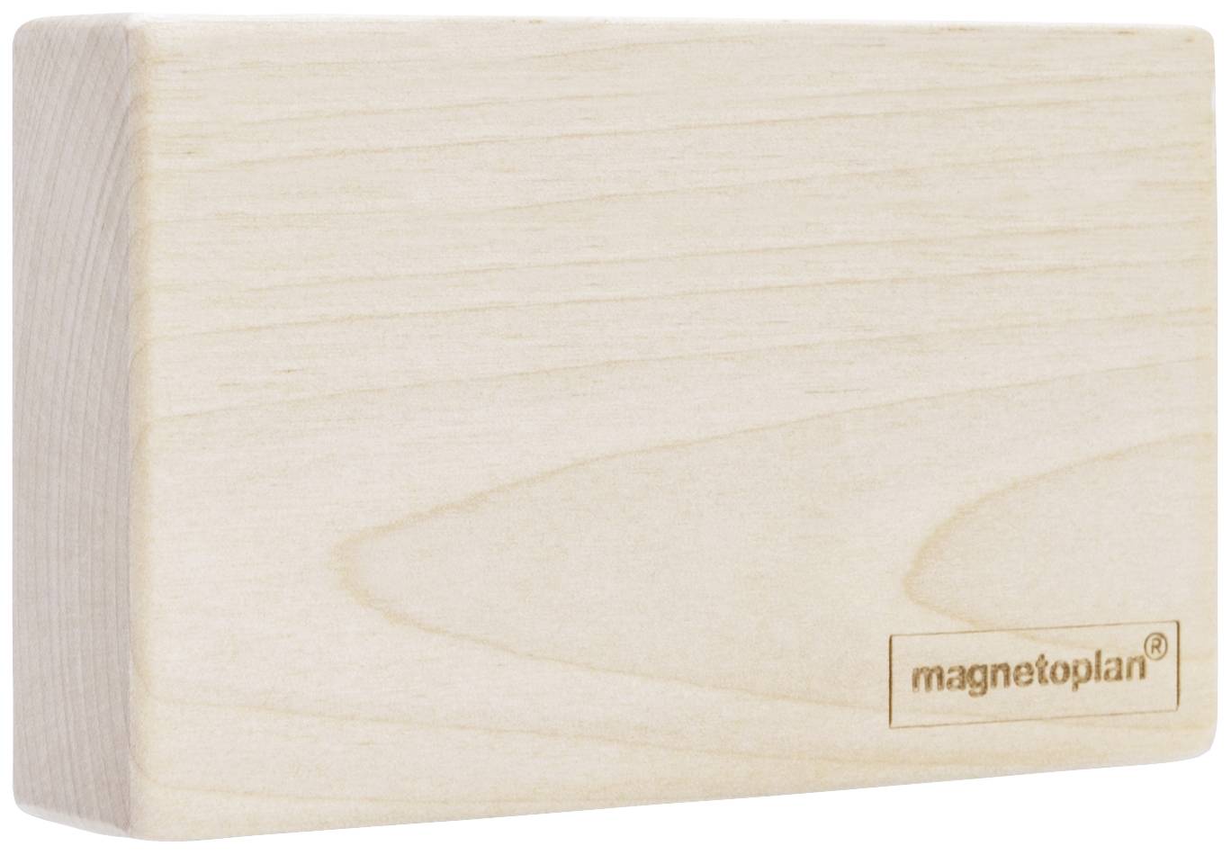 Aimant en bois avec le logo 'magnetoplan' sur la face avant. Forme rectangulaire aux angles arrondis. Design sobre et clair en bois.