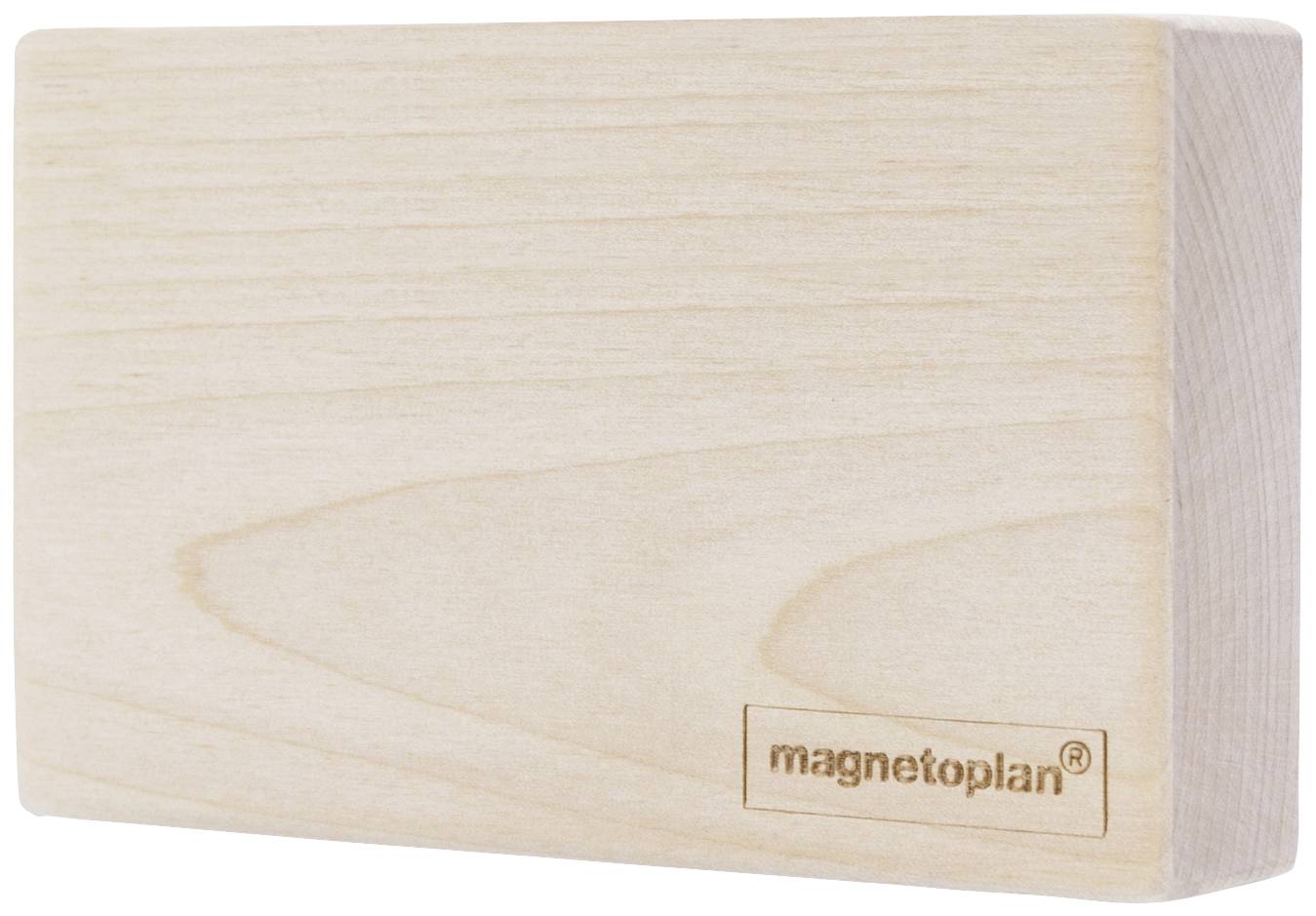 Bloc de bois avec des bords arrondis, bois brut, forme rectangulaire, logo 'magnetoplan' gravé en bas à droite.