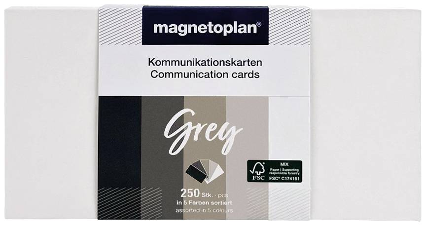 Emballage de 'Cartes de communication Magnetoplan' contenant 250 cartes en 5 couleurs. Comprend le symbole de certification FSC pour une gestion forestière durable.