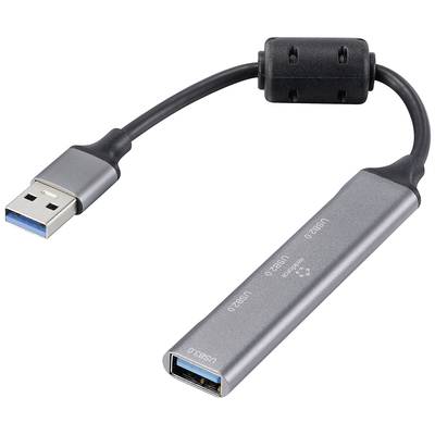 Un adaptateur USB gris avec trois ports USB 3.0 et un connecteur pour ordinateur.