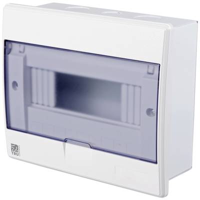 Un boîtier électrique blanc avec un couvercle transparent et des ouvertures latérales pour le montage d'interrupteurs de protection ou de barrettes.