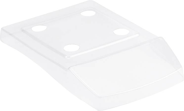 Boîte en plastique transparent avec des bords arrondis et quatre petites ouvertures rondes sur un côté.