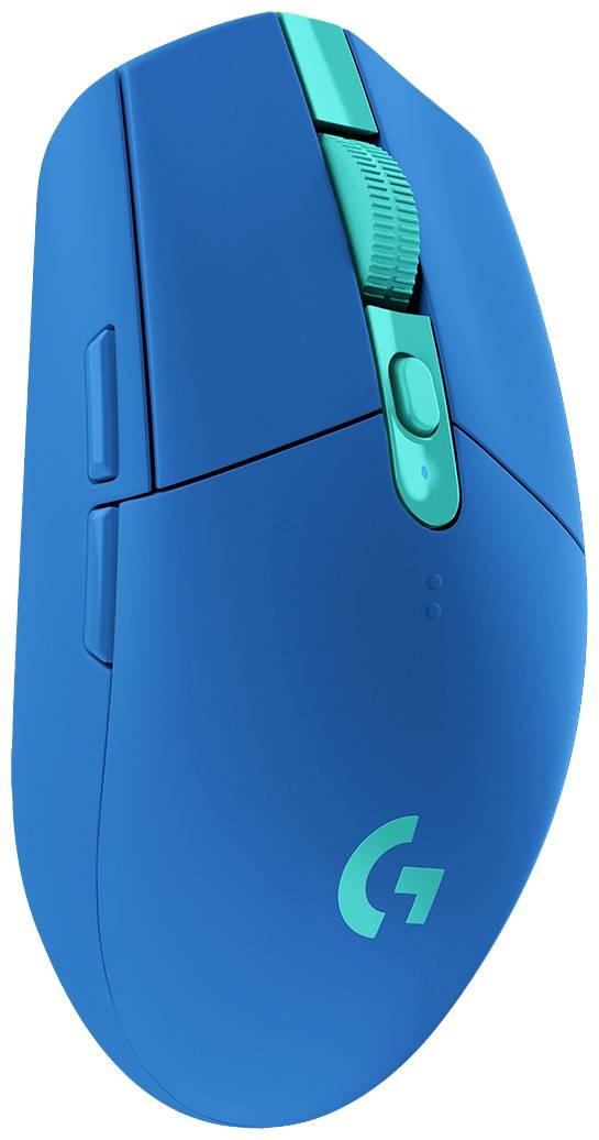 Souris de gaming bleue sans fil avec logo et boutons pour le pouce sur le côté gauche.