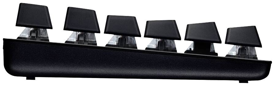 Une coupe transversale d'un clavier mécanique noir montrant six touches. Les interrupteurs situés sous les touches sont visibles.