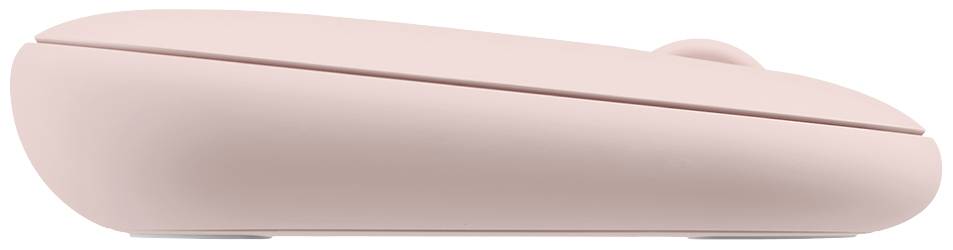 Une souris d'ordinateur rose sans fil, vue de côté.