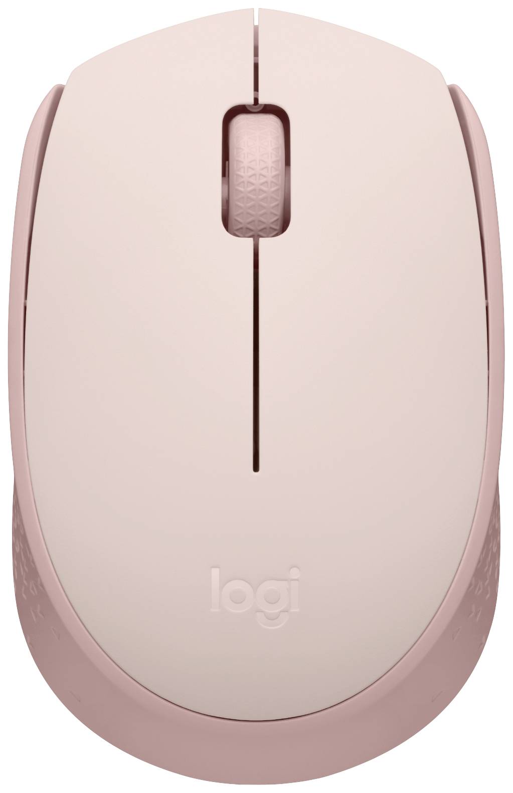 Une souris d'ordinateur sans fil rose, vue de dessus. Elle dispose d'une molette de défilement et le logo du fabricant est visible.