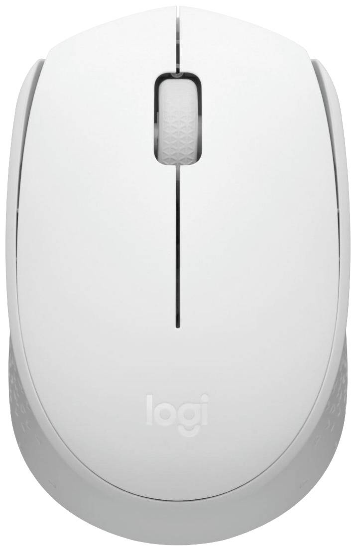Une souris d'ordinateur blanche sans fil, vue de dessus, avec une molette de défilement centrale et le logo de marque 'logi'.