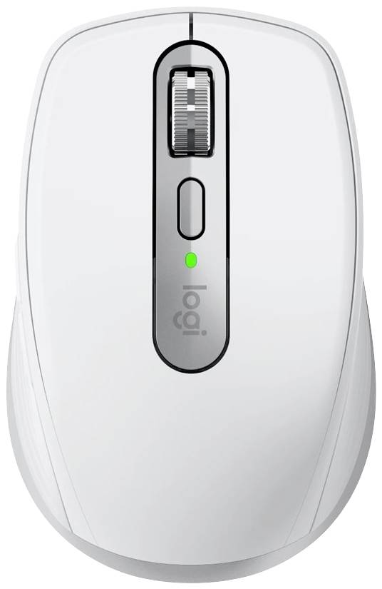 Souris d'ordinateur blanche sans fil avec molette de défilement et voyant vert, indiquant l'état de connexion.