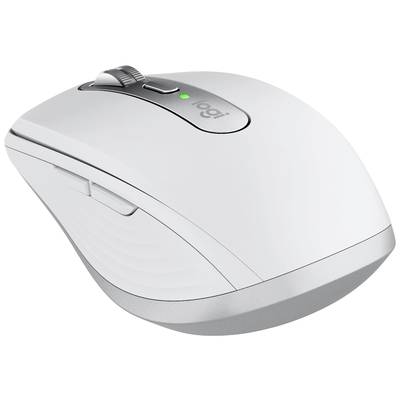 Souris d'ordinateur blanche, sans fil, au design ergonomique et dotée d'une molette de défilement supplémentaire. Un voyant LED vert s'illumine sur le boîtier.