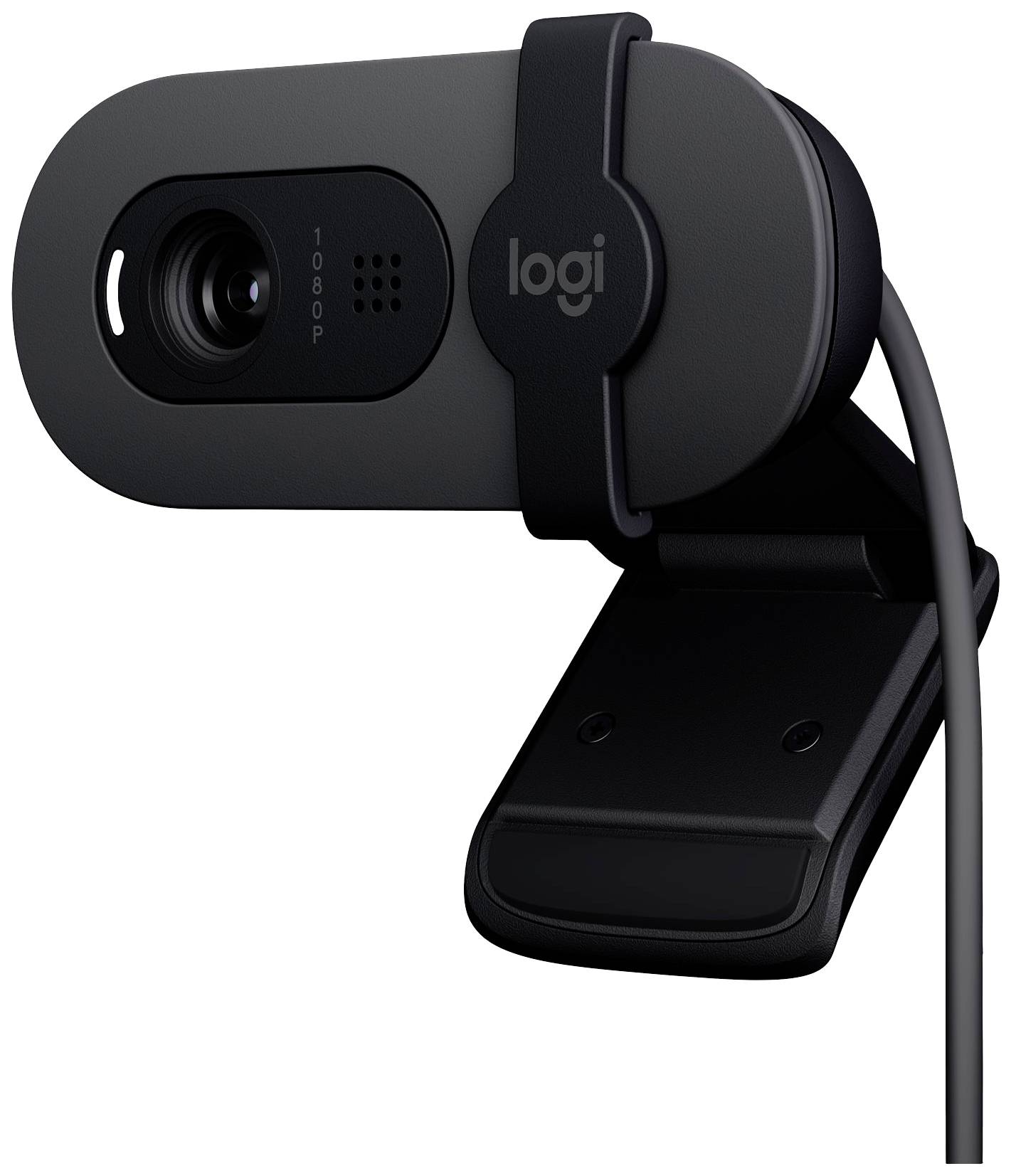 Une webcam grise avec un clip noir, adaptée pour être fixée sur des écrans. Elle offre une résolution de 1080p.