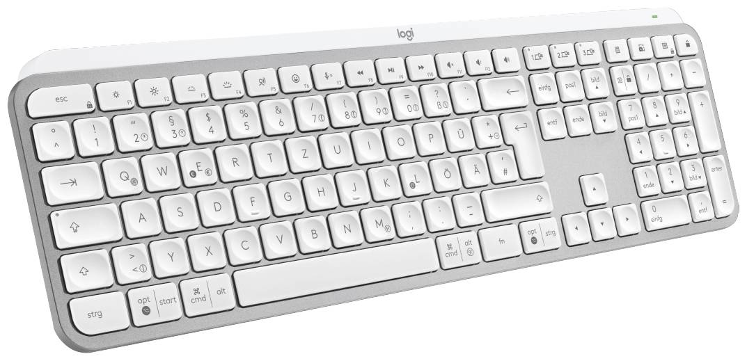 Clavier blanc sans fil avec pavé numérique complet et touches modernes et plates sur un socle gris.