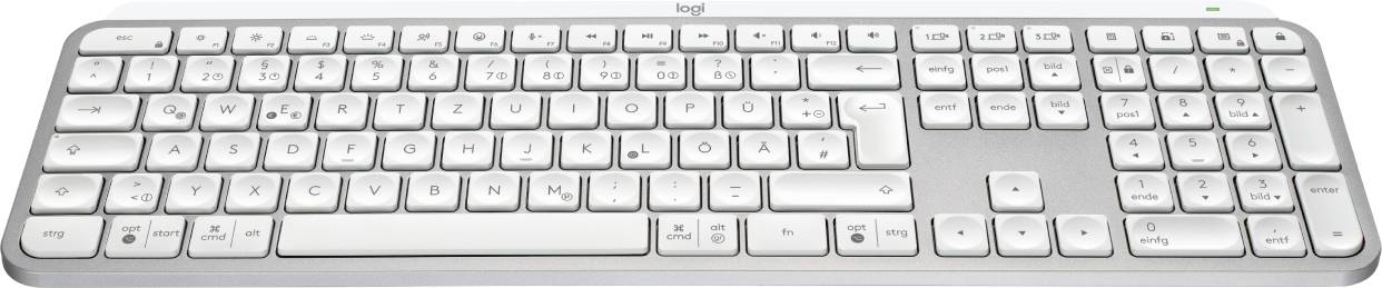 Clavier d'ordinateur blanc vu de dessus. Disposition complète avec touches de fonction, pavé numérique et touches fléchées.
