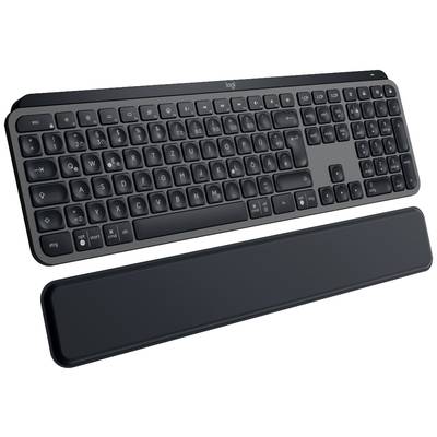 Clavier sans fil noir avec touches arrondies et repose-poignets amovible, conçu pour une frappe ergonomique.