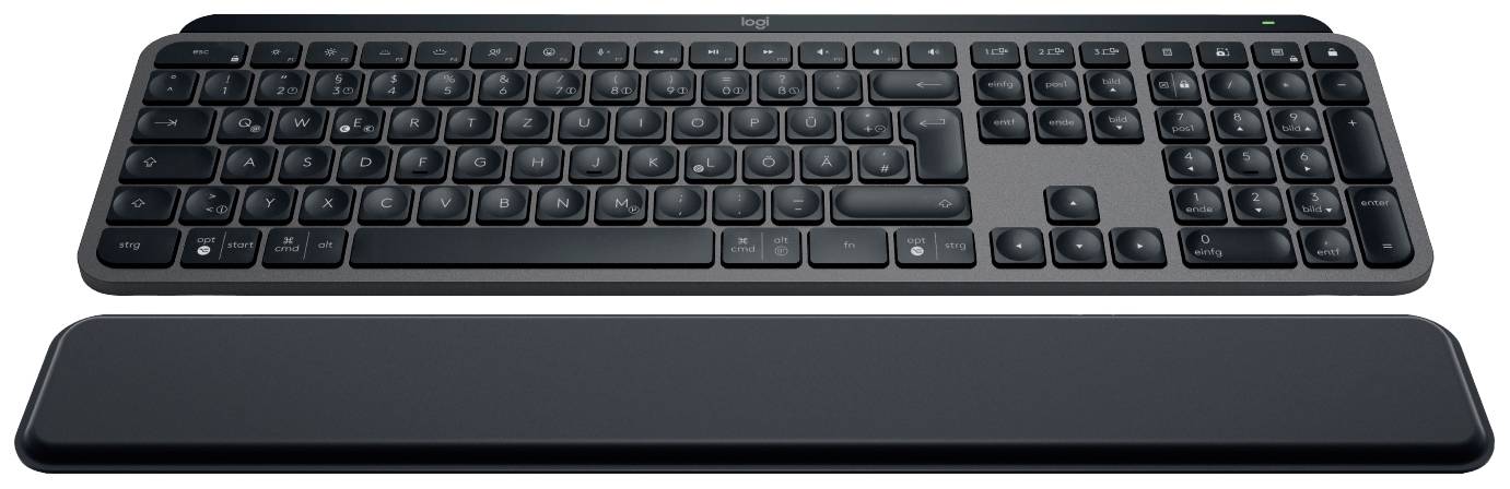 Vue de dessus d'un clavier d'ordinateur noir avec un repose-poignets amovible. Touches de taille standard, design moderne.