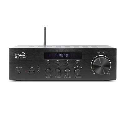 Amplificateur Hi-Fi Schwarzer Dynavox VT-80 avec antenne, l'écran affiche 'PHONO'. Réglages pour graves, aigus, balance, enceintes.