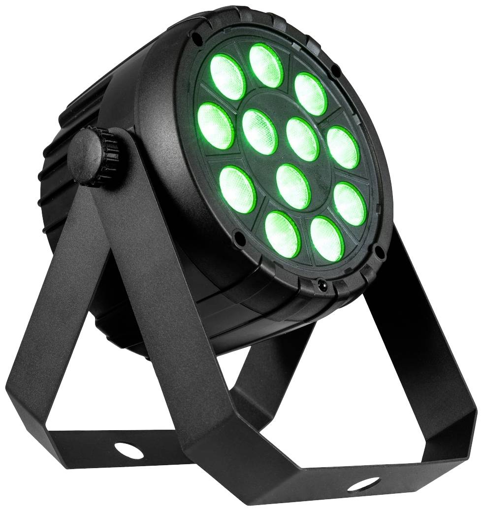Projecteur LED noir avec douze LED vertes lumineuses, monté sur un support métallique réglable dans un boîtier robuste.