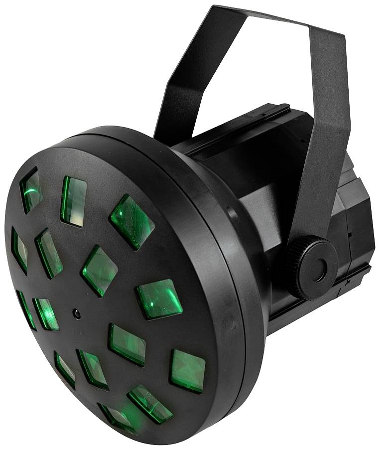 Un effet lumineux LED noir avec plusieurs champs verts, monté sur une poignée rotative, pour l'éclairage de scène.