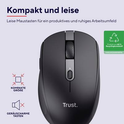 Souris compacte et silencieuse de Trust, fabriquée en partie à partir de matériaux recyclés. Idéale pour un environnement de travail calme.