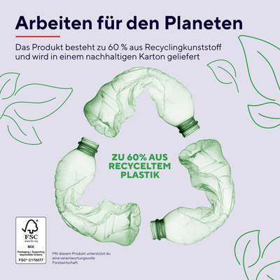 'Travailler pour la planète. Le produit est composé à 60% de plastique recyclé et est livré dans des cartons durables.'