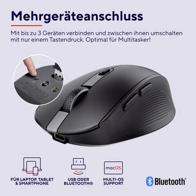 L'illustration montre une souris d'ordinateur noire connectée à trois appareils, prenant en charge le Bluetooth, l'USB, macOS et adaptée au multitâche.