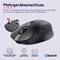 L'illustration montre une souris d'ordinateur noire connectée à trois appareils, prenant en charge le Bluetooth, l'USB, macOS et adaptée au multitâche.