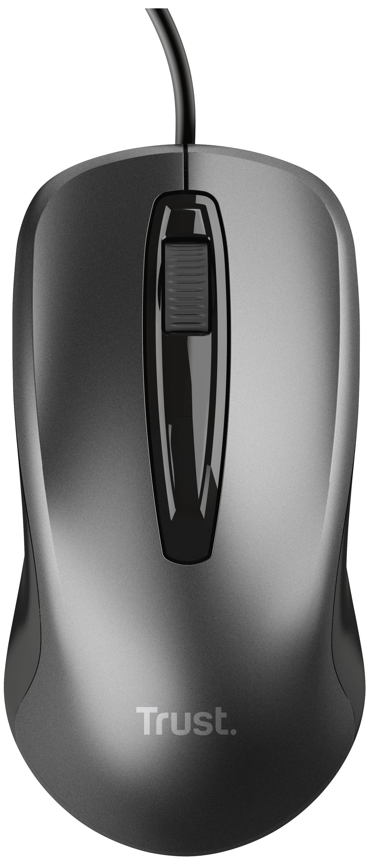 Une souris d'ordinateur filaire noire de la marque Trust, équipée d'une molette de défilement, présentée sur un fond blanc.