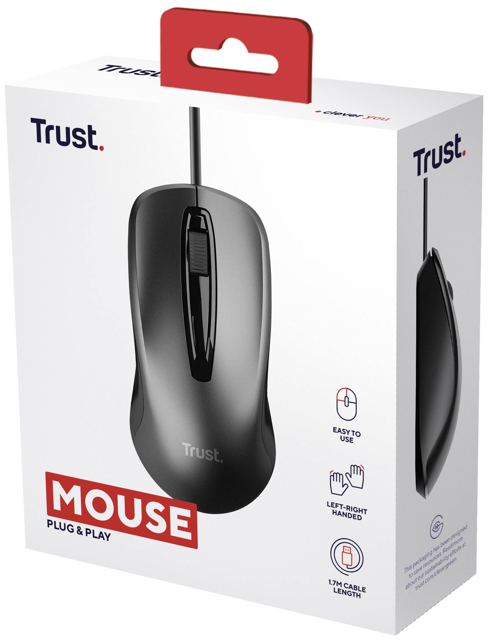 Emballage d'une souris Trust avec câble, modèle 'Plug & Play'. Principales caractéristiques : utilisation facile, convient aux droitiers et aux gauchers, câble de 1,8 m.