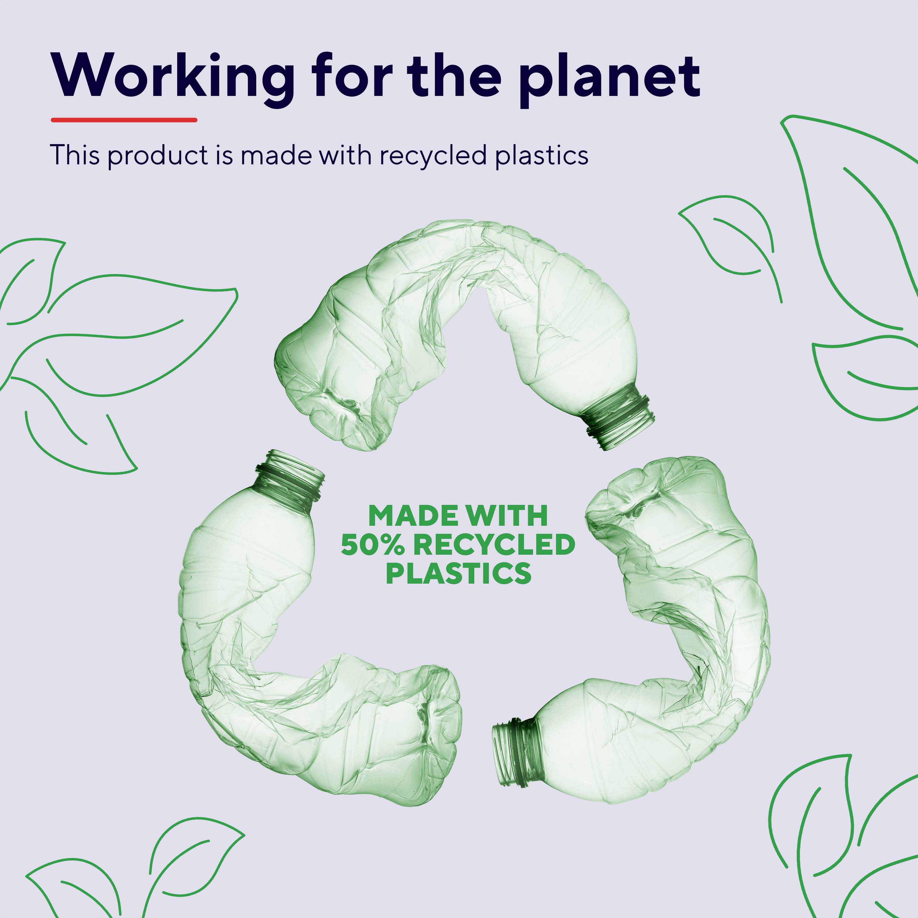 Sur l'image, trois bouteilles en plastique vert forment un symbole de recyclage. En haut, on peut lire « Travailler pour la planète » et « Fabriqué à partir de plastiques recyclés ».