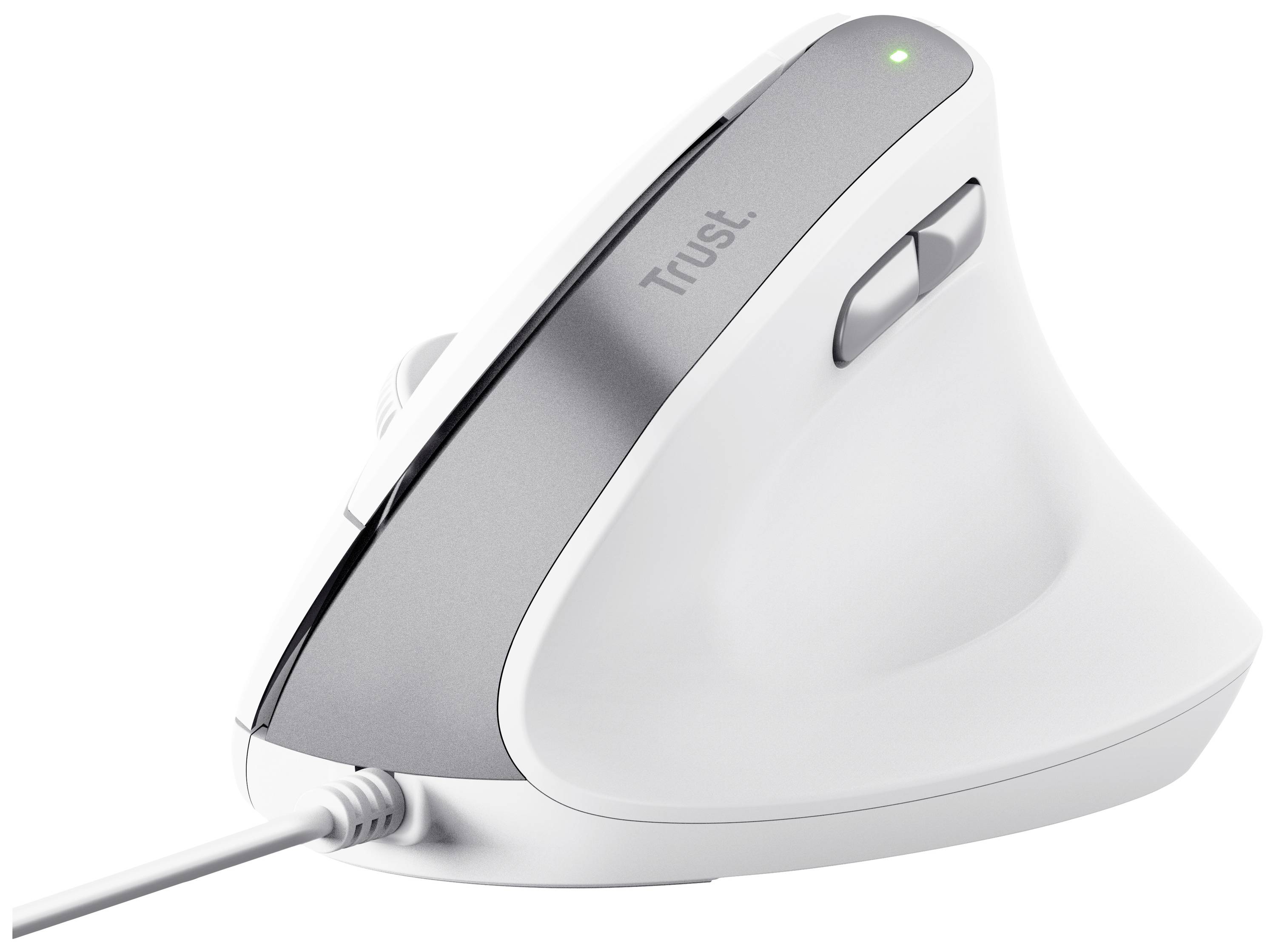 Souris verticale ergonomique de Trust, blanche avec des accents gris, connexion filaire, deux boutons. Idéale pour soulager le poignet.